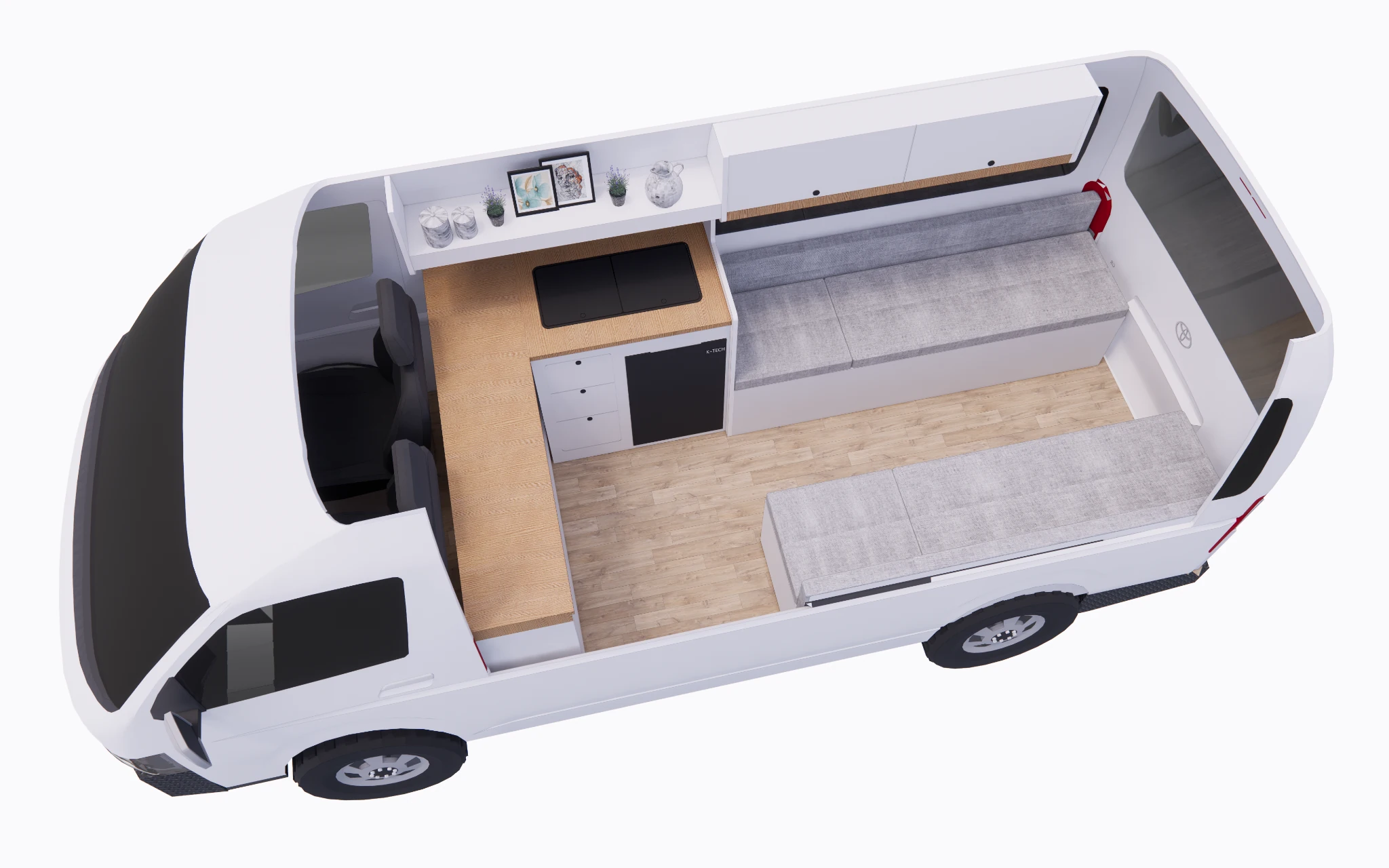 Top-down render of Set Forth campervan with two long side lounge seats, central walkway and kitchen cabinetry