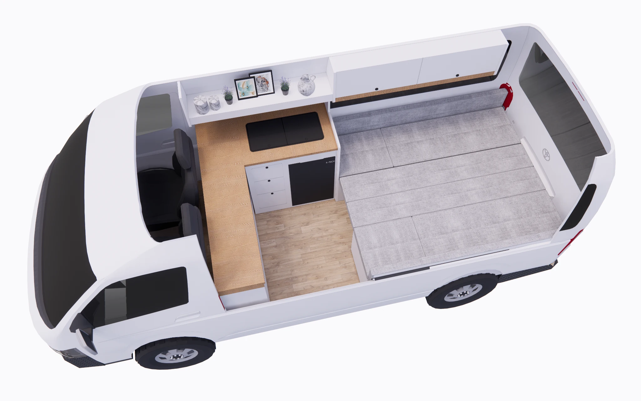 Top-down render of the same Set Forth campervan with lounge sections extended into a large sleeping platform